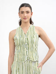 Women Green Linen Striped V Neck Front Button Vest Top