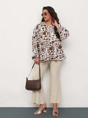 Women Brown & White Quirky Print Tie-Knot Peplum Top