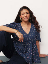 Women Navy Ditsy Floral V-Neck Peplum Top