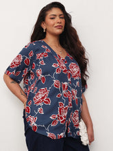 Women Blue & Red Floral V-Neck Button Down Top