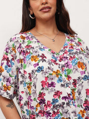 Women White Multi Floral V-Neck Button Down Top