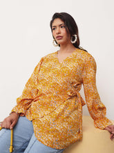 Women Yellow Ditsy Floral Side Knot Wrap Top