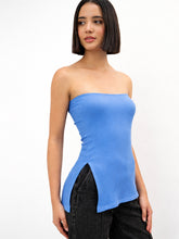 Women Blue Rib Side Slit Tube Top