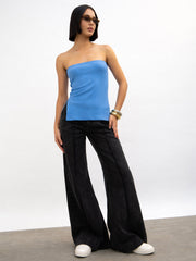 Women Blue Rib Side Slit Tube Top