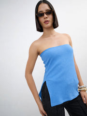 Women Blue Rib Side Slit Tube Top