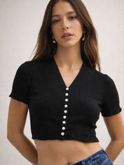 Women Black V-Neck Button Down Crop Top