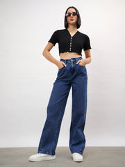 Women Black V-Neck Button Down Crop Top