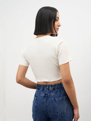 Women Off-White V-Neck Button Down Crop Top