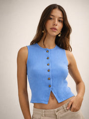 Women Blue Round Neck Button Down Sleeveless Top
