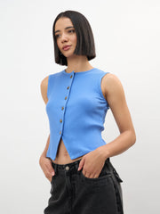 Women Blue Round Neck Button Down Sleeveless Top