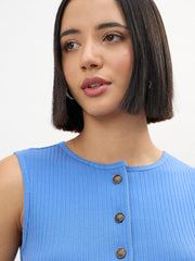 Women Blue Round Neck Button Down Sleeveless Top