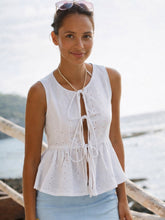 Women White Schiffli Front Knot Sleeveless Peplum Top