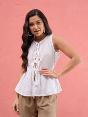 Women White Schiffli Front Knot Sleeveless Peplum Top