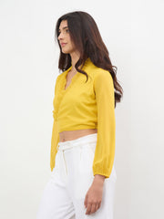 Women Yellow Frill Detail Wrap Top
