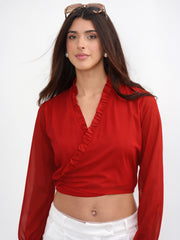 Women Red Frill Detail Wrap Top
