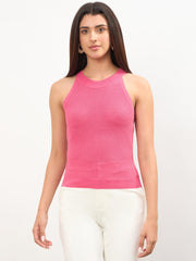 Women Pink Crochet Halter Neck Regular Top
