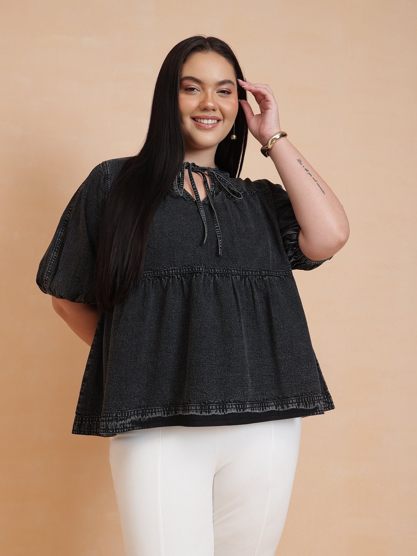 Black Wash Denim Tiered Top-SASSAFRAS Curve