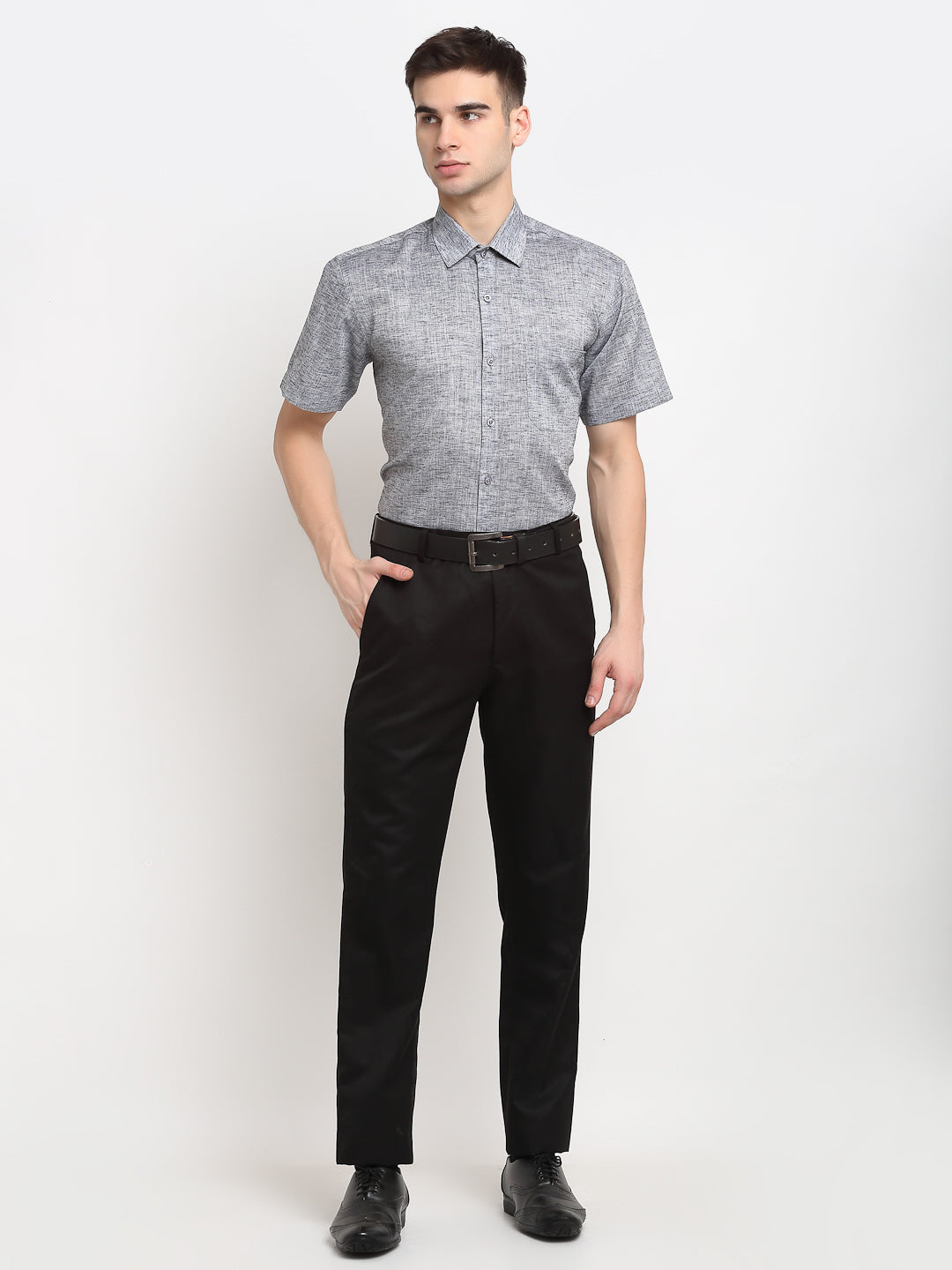 Jainish Grey Mens Solid Cotton Half Sleeves Formal Shirt
