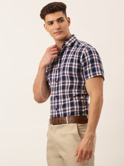 Men's Cotton Checked Half Sleeve Formal Shirts ( SF 808Navy )