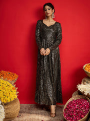 Women Black With Golden Sequins Sweetheart Neck Anarkali Dress