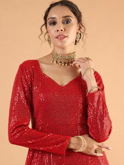 Women Red Sequence Sweetheart Neck Anarkali Dress