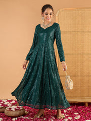 Women Teal Green Sequence Sweetheart Neck Anarkali Dress