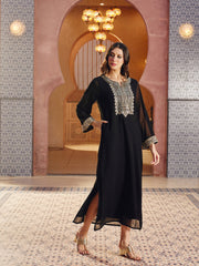 Black Embroidered Neck Abaya Dress Shae By SASSAFRAS