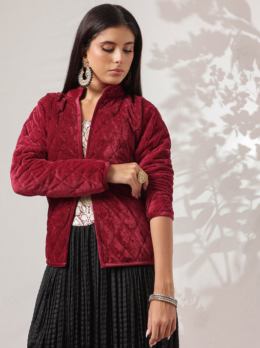 Maroon Velvet Quilted Full Sleeves Jacket-Shae by SASSAFRAS