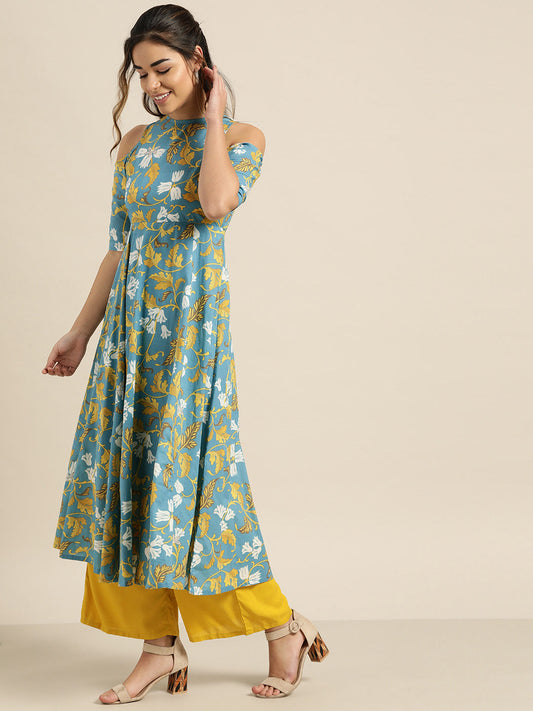 Turquoise Floral Cold Shoulder Midi Kurta Only