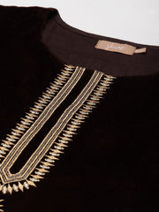 Shae By Sassafras - Brown Velvet Zari Embroidered Straight Kurta