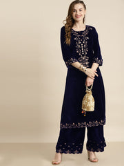 Shae by SASSAFRAS - Navy Velvet Floral Zari Embroidery Kurta
