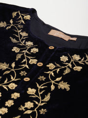 Shae by SASSAFRAS - Navy Velvet Floral Zari Embroidery Kurta