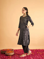 Shae by SASSAFRAS - Women Grey Velvet Front Embroidered Straight Kurta with Pants