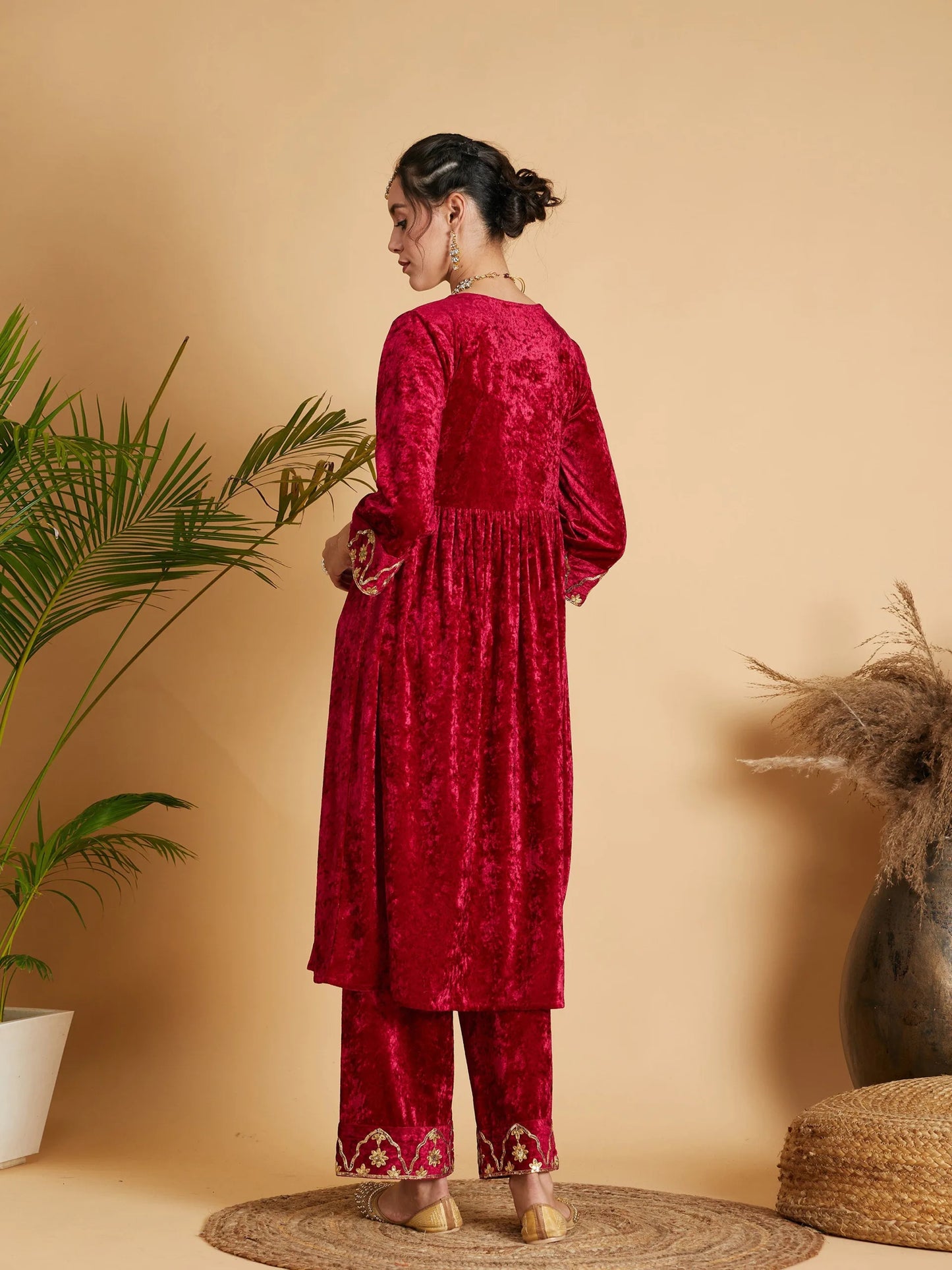 Shae by SASSAFRAS - Women Fuchsia Velvet Embroidered Gathered Kurta with Pants