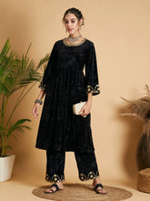 Shae by SASSAFRAS - Women Black Velvet Embroidered Gathered Kurta with Pants