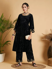 Shae by SASSAFRAS - Women Black Velvet Embroidered Gathered Kurta with Pants