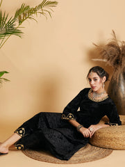 Shae by SASSAFRAS - Women Black Velvet Embroidered Gathered Kurta with Pants