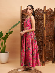 قميص أناركالي ماكسي بدون أكمام مزين بالزهور الوردية للنساء