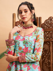 قميص أناركالي ماكسي نسائي أزرق مزين بالزهور بياقة على شكل قلب