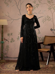 قميص أناركالي أسود مزين بالترتر للنساء بياقة على شكل قلب