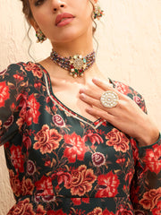 Shae by SASSAFRAS - Women Green Floral Sweetheart Neck Anarkali Kurta