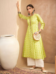 Shae by SASSAFRAS - Women Lime Green Floral Buttonned Pocket Kurta