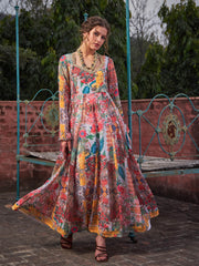 Women White Multi Floral Sweetheart Neck Anarkali Kurta