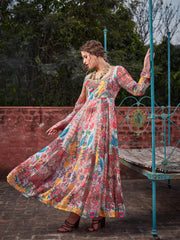 Women White Multi Floral Sweetheart Neck Anarkali Kurta