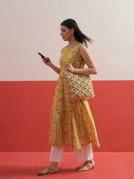 Yellow Floral Embroidered Sleeveless Kurta Shae by SASSAFRAS