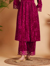 Women Fuchsia Velvet Embroidered Straight Pants Only