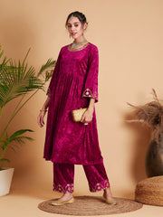 Women Fuchsia Velvet Embroidered Straight Pants Only