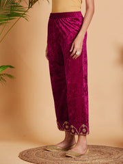 Women Fuchsia Velvet Embroidered Straight Pants Only