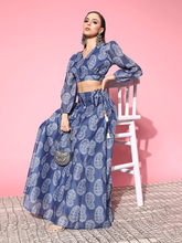 Shae by SASSAFRAS - Women Blue Paisley Wrap Crop Top With Aanarkali Skirt