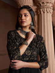 Shae by SASSAFRAS - Women Black Floral Bodice Foil Anarkali Kurta With Pants